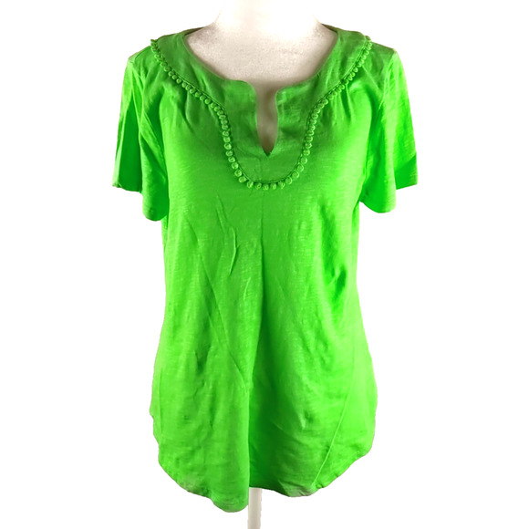 Talbot's Women's T Shirt Green Size Medium Snowball Trim V Neck Short Sleeve - Picture 1 of 6
